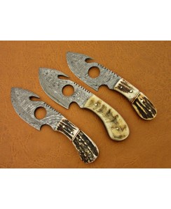 A LOT OF 3 Handmade DAMASCUS Steel | GUT HOOKS | With Quality Leather Sheath | AK-12