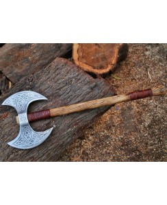 Custom made | TWO | HEADED  Axe | WAR AXE | with Wood and leather wrap Handle|  AXE-303