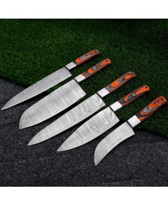 5 Pieces Handmade Damascus Kitchen Knife Chef's Knife Set WITH Leather Roll, Kitchen Knives, Christmas gift for  mother, or gift for her